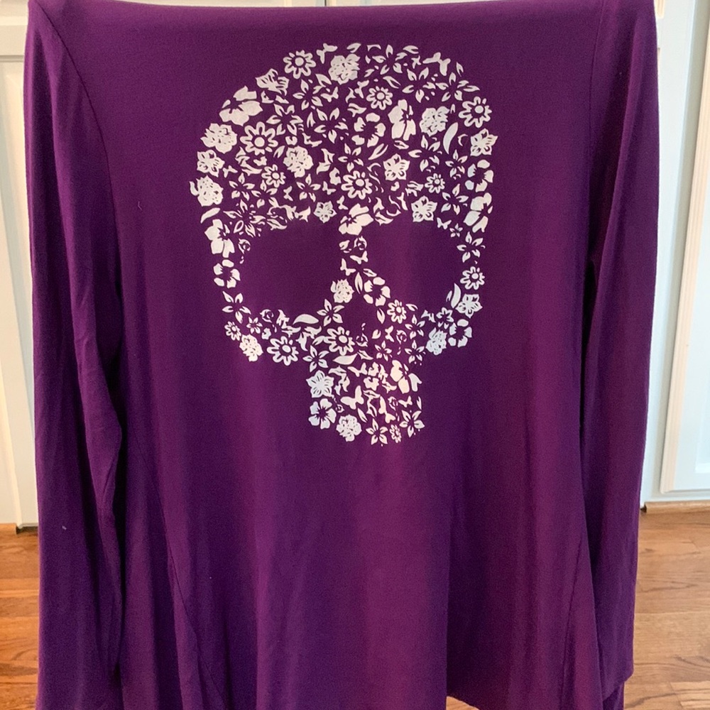 Open Cardigan, purple with floral scold design on the back. Long sleeve.